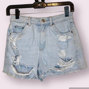Topshop Moto Mom Jean Shorts High Waisted Ripped Holes Light Blue Denim Size 4
